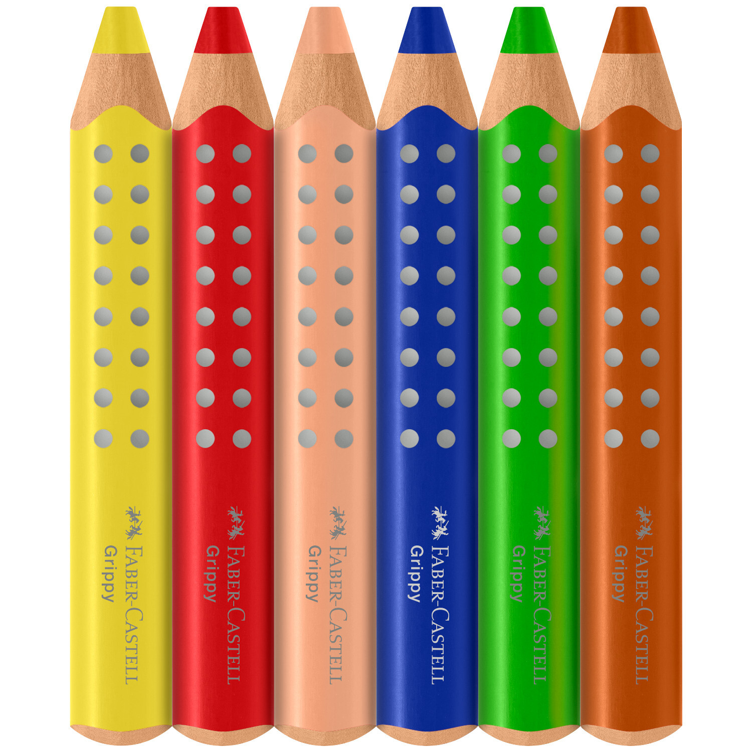 Buntstift Grippy Set, 6-teilig, von Faber Castell in leuchtenden Farben: Gelb, Rot, Hautfarbe, Blau, Grün, Braun. Ideal für kreatives Zeichnen.