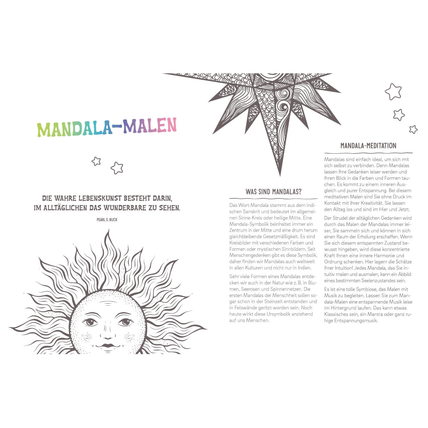 Colorful Mandala Leuchtendes Universum: Schwarz-weiße Mandala-Zeichnungen mit Sonne und Sternen, inspiriert von EMF.