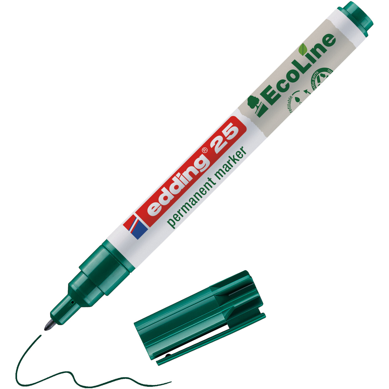 25 EcoLine Permanentmarker 1mm Farbe Grün von edding International 25 EcoLine Permanentmarker 1mm mit grüner Kappe und Spitze, Marke edding, auf weißem Hintergrund.