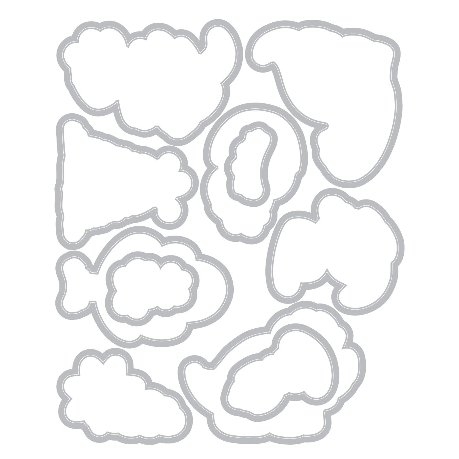Sizzix Clear Stamps/Framelits Dinosaur Adventures Set 11 Stk mit silbernen Metall-Schneideformen für Dino-Motive, Wolken und Rahmen auf weißem Hintergrund