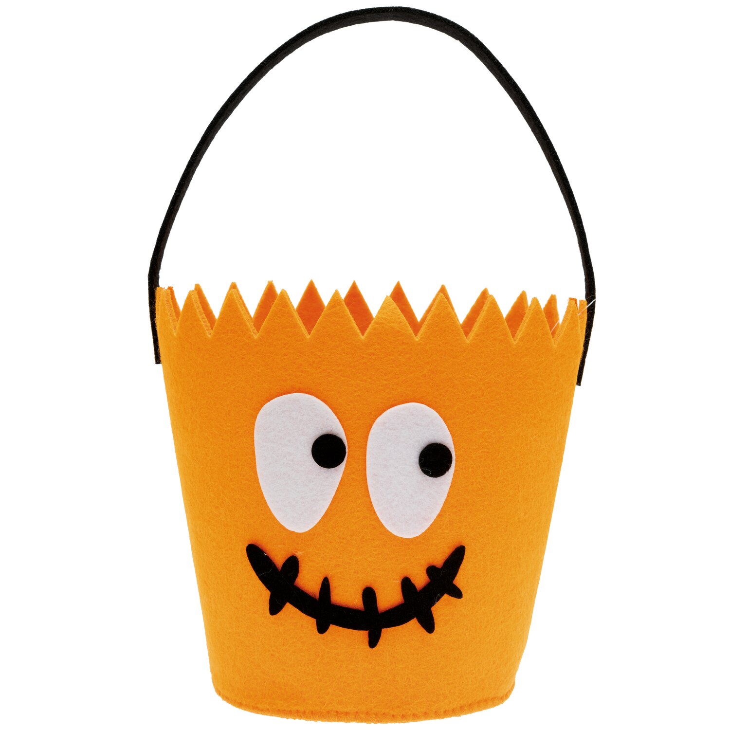 Halloween Filzkorb orange 17x18cm mit lustigem Gesicht und Zickzackrand, ideal für Süßigkeiten.