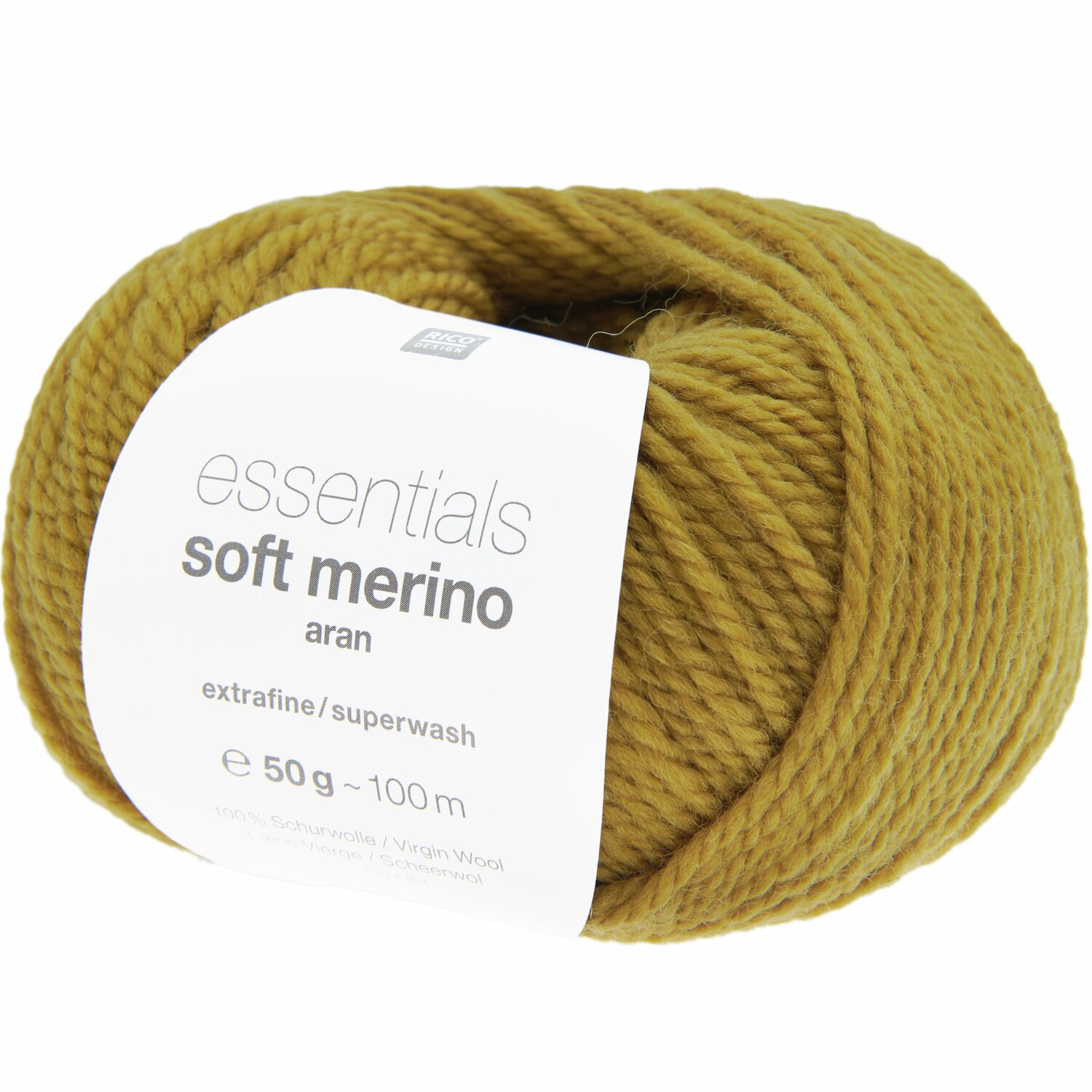 Essentials Soft Merino aran: Ein Knäuel weiches Merinogarn in Safran, 50g, 100m, von Rico Design.
