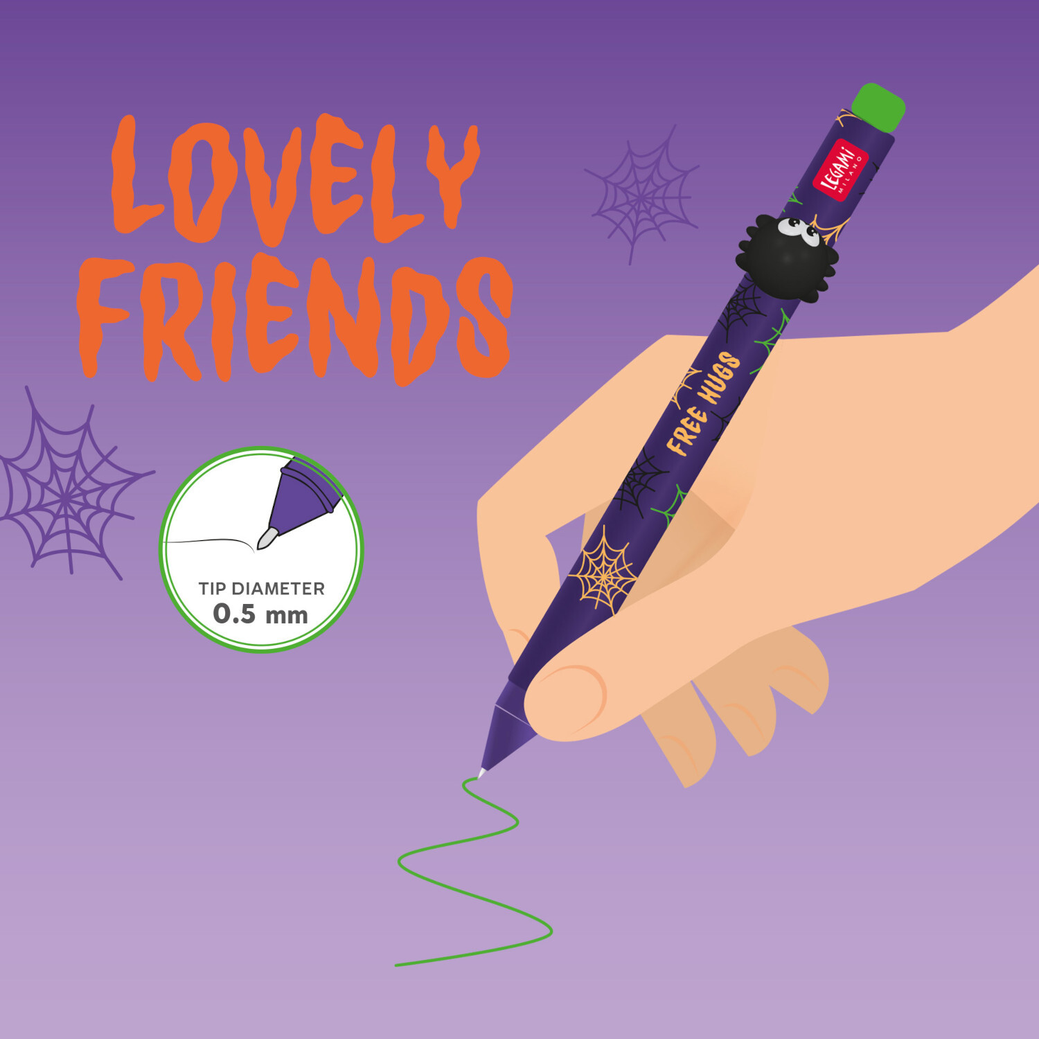 Lovely Friends Gelstift in lila Design mit Spinnennetz-Motiv, 0,5 mm Spitze, von Legami.