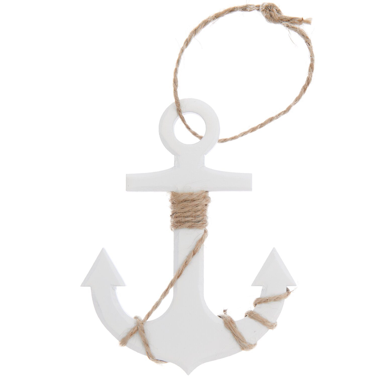 Holzhänger Anker weiß 7,8x10cm: Dekorativer Anker aus Holz, umwickelt mit Juteschnur, ideal für maritime Dekorationen.