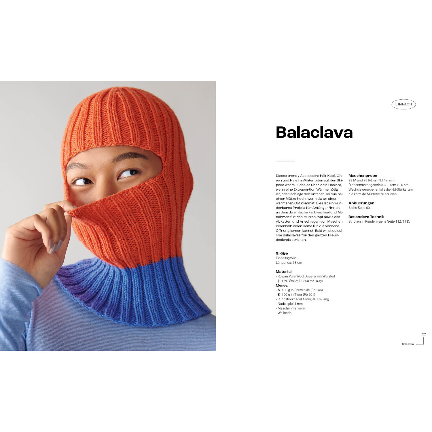 Tom Daley- Stricken with Love: Person trägt orange-blaue Balaklava. Marke EMF. Anleitungsseite.