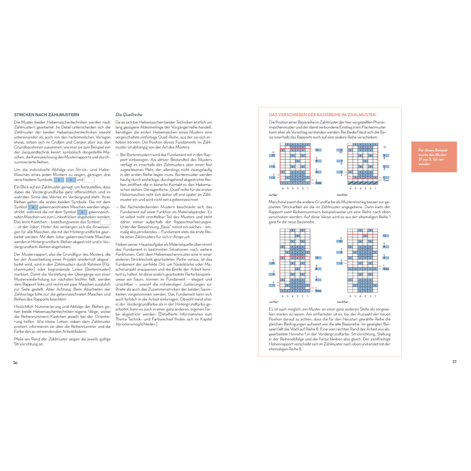 Strickmusterbibel - Hebemaschen: Doppelseite mit Strickanleitungen und Diagrammen in Blau und Weiß.