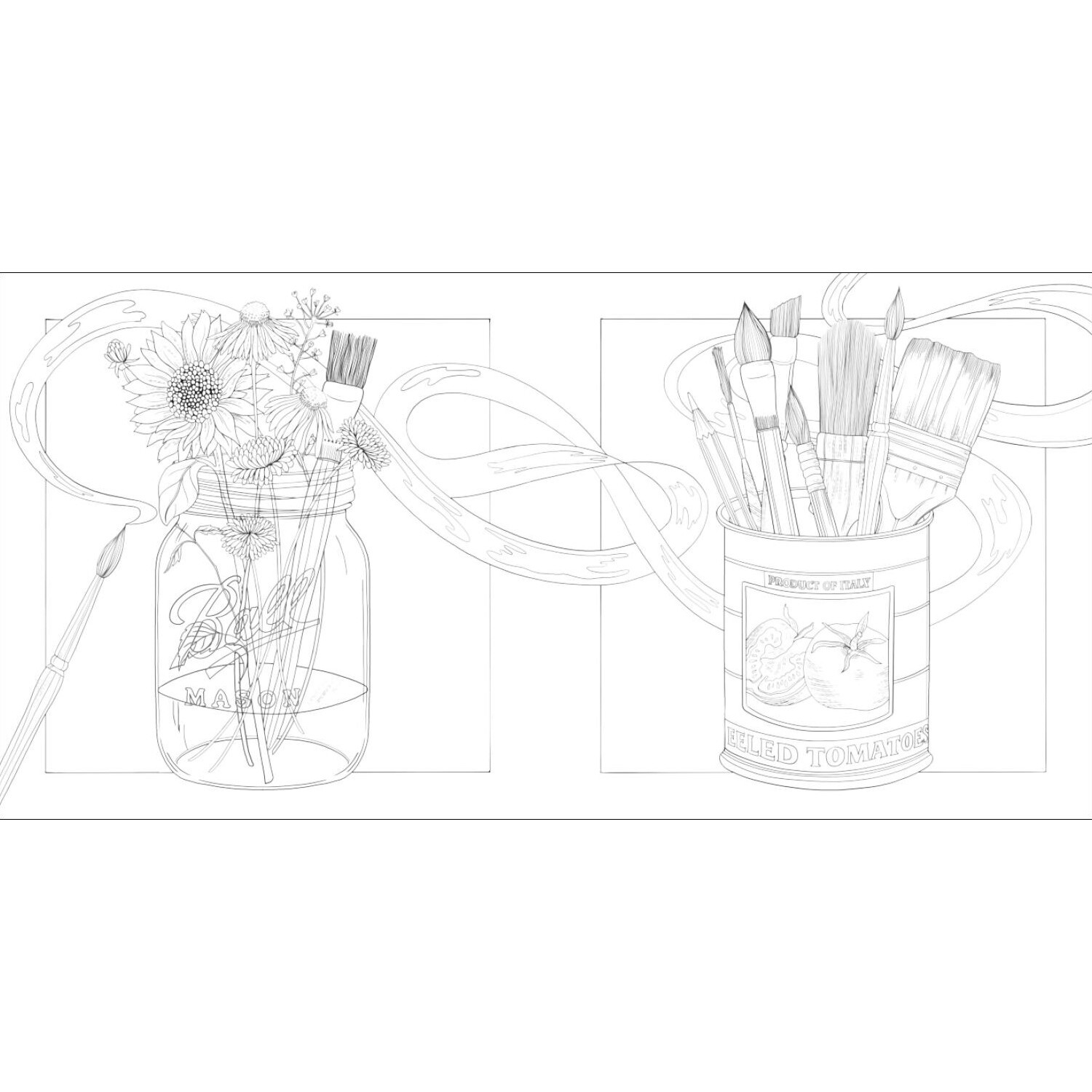 Mindful Moments - Ein atmosphärisches Ausmalbuch für Erwachsene zeigt Blumen und Pinsel in Gläsern. Ideal für kreative Entspannung.