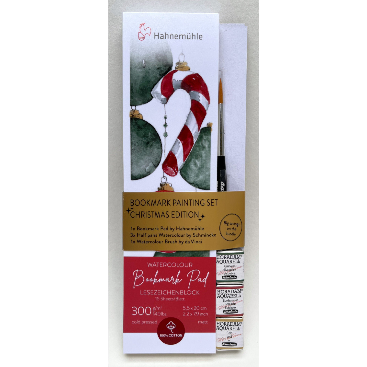 Bookmark Painting Set Christmas Edition mit Pinsel und Aquarellblock von Hahnemühle, ideal für kreative Weihnachtsprojekte.