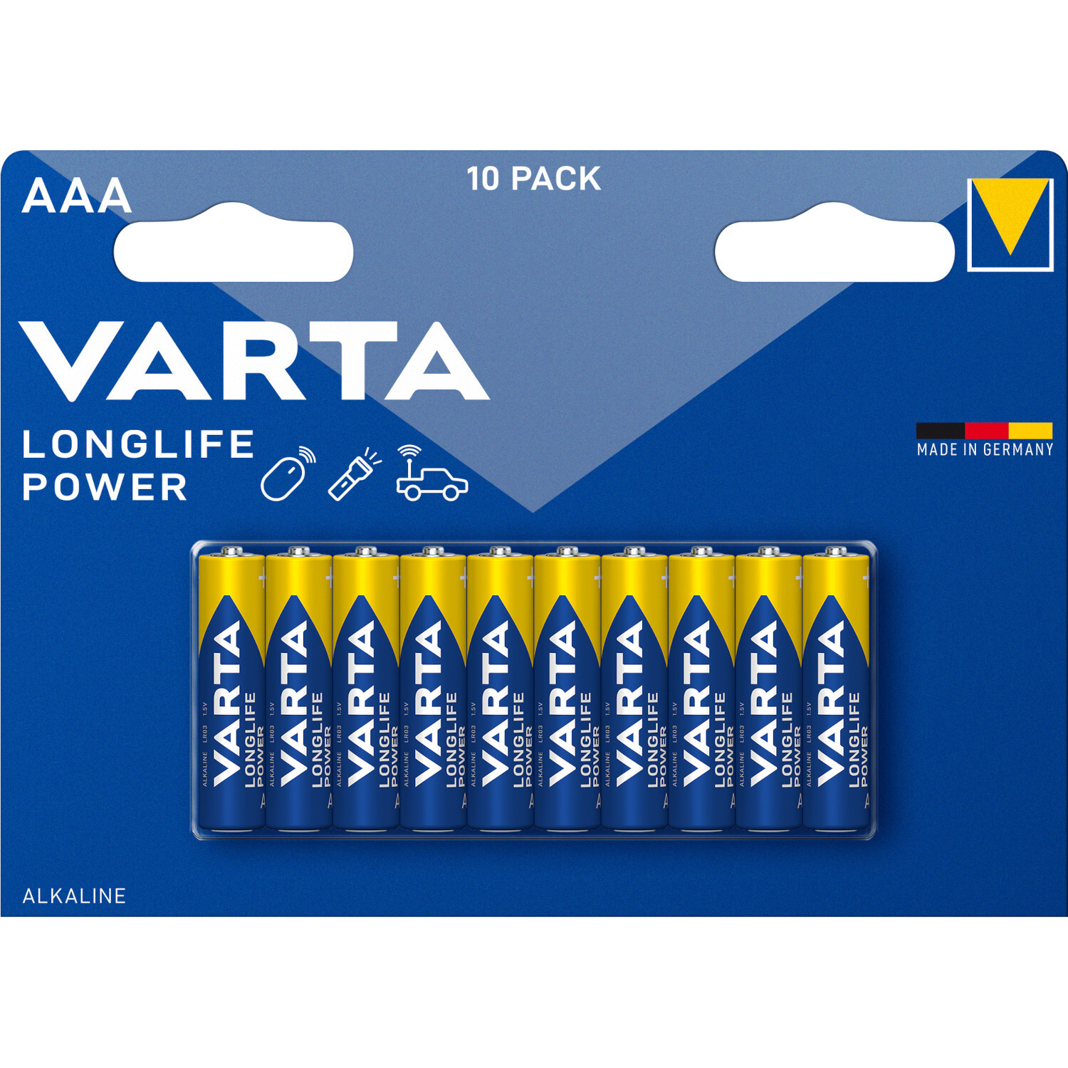 AAA Batterien Varta Longlife Power, 10 Stück in blauer Verpackung mit gelben Details, ideal für langlebige Energieversorgung.