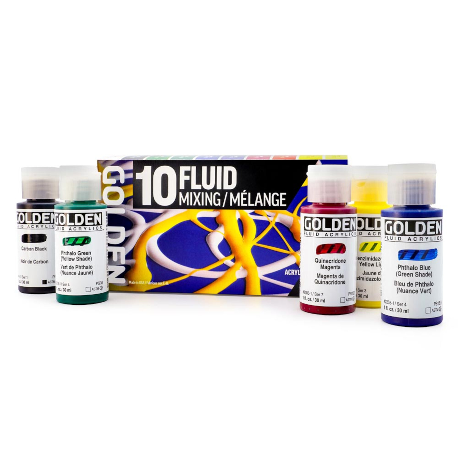 Golden Fluid Acrylfarbe Mischset, 10x30ml, zeigt bunte Flaschen vor einer dekorativen Verpackung.