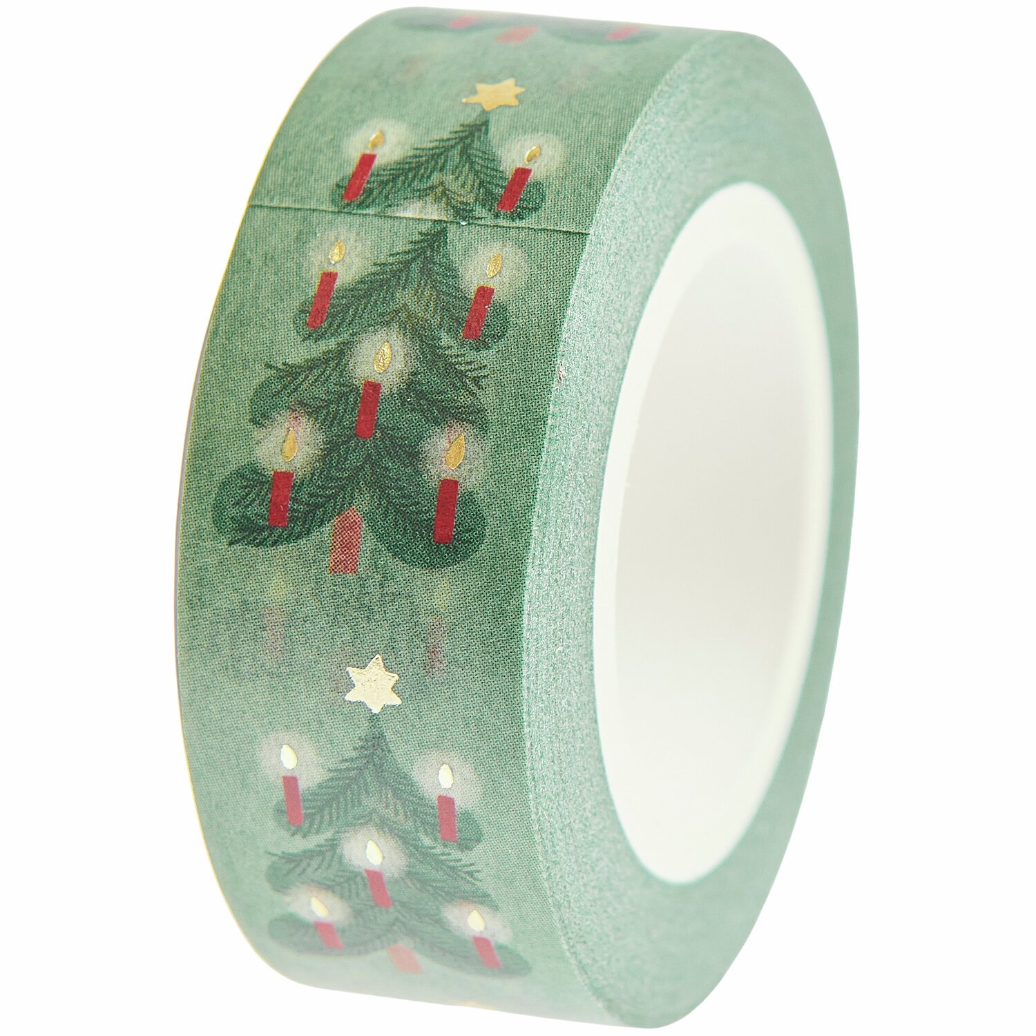 Paper Poetry Tape Weihnachtsbäume Mint von Rico Design zeigt Tannenbäume mit Kerzen auf mintgrünem Hintergrund. Ideal für festliche Dekorationen.