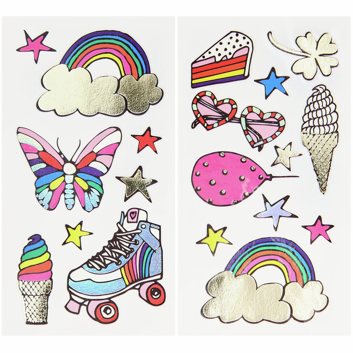 Tattoos Rainbow Fun, 19-teilig: Bunte Tattoos mit Regenbogen, Eiscreme und Sternen auf weißem Hintergrund.
