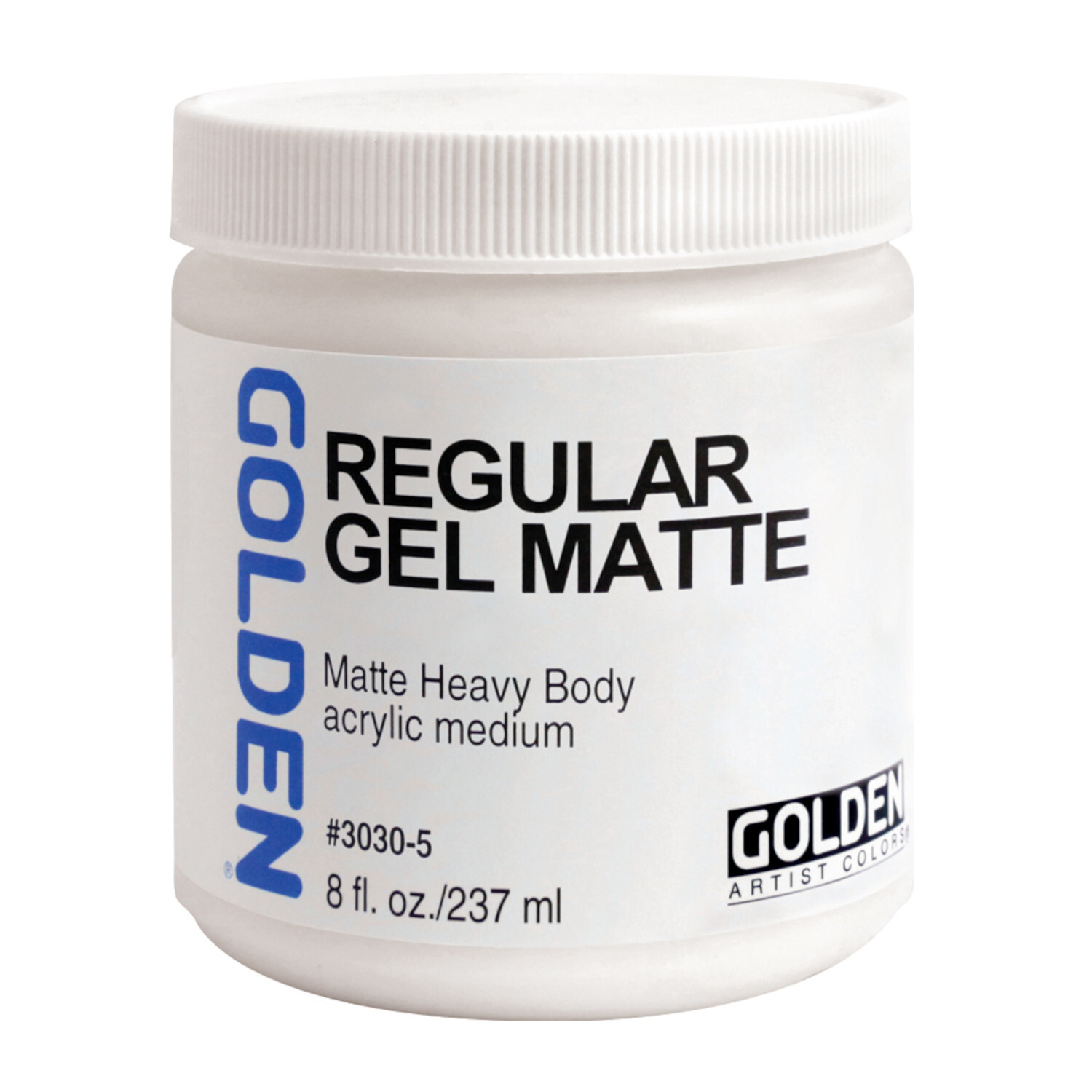 Golden Regular Gel Matt, 237ml, weißer Behälter mit blauem und schwarzem Text, ideal für Künstler.