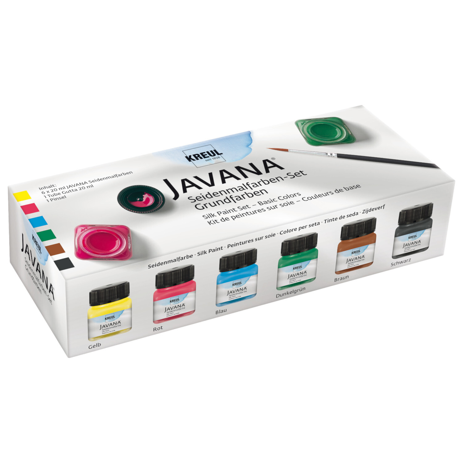 Javana Seidenmalfarben-Set Grundfarben, 6x20ml, von KREUL. Enthält leuchtende Farben in praktischen Fläschchen für kreative Seidenmalerei.