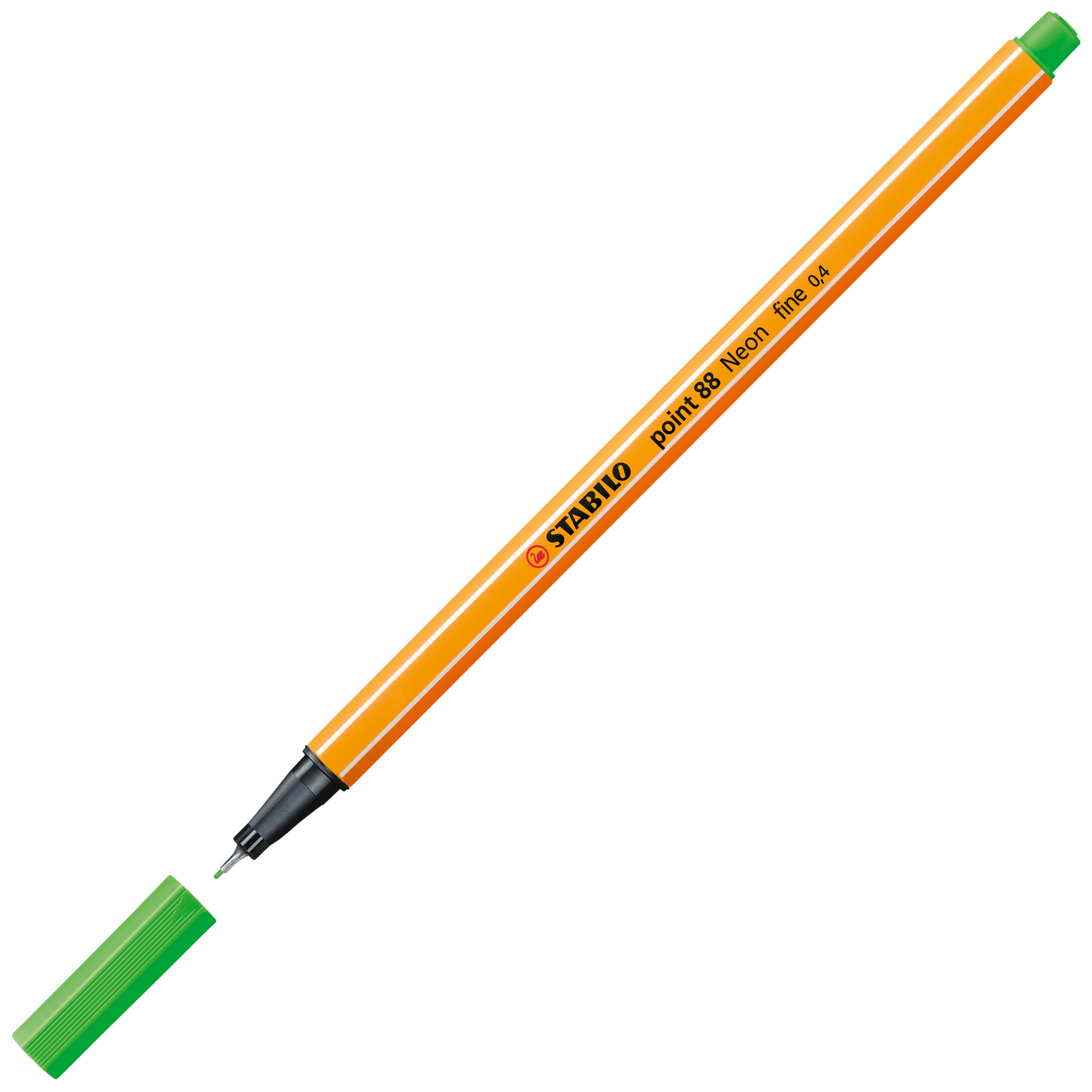 Point 88 Fineliner 0,4mm von STABILO in leuchtendem Apfelgrün, mit abgenommenem Deckel. Ideal für präzises Schreiben.