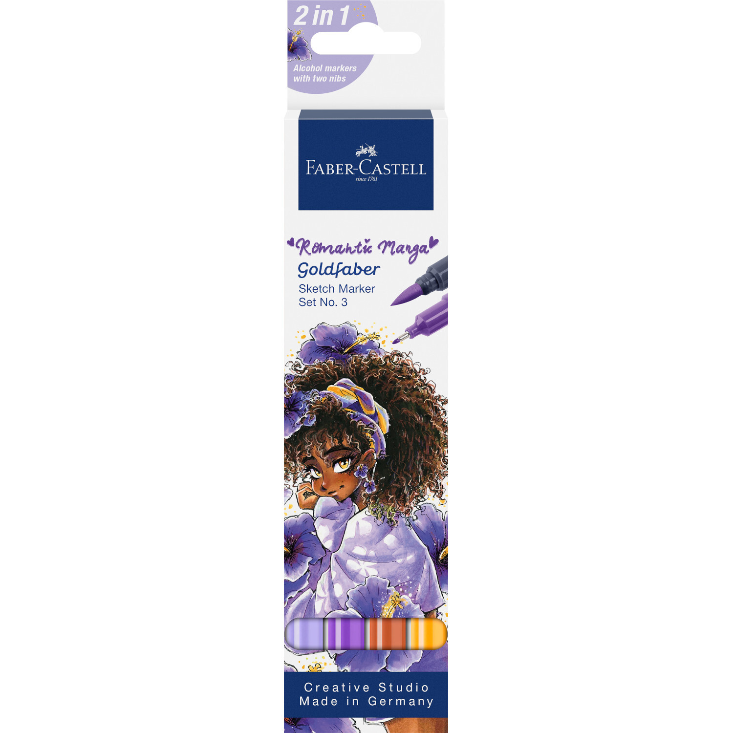 Goldfaber Sketch Marker Romantic Manga 3 Set mit vier Stiften in lila Verpackung von Faber Castell. Ideal für kreative Zeichnungen.