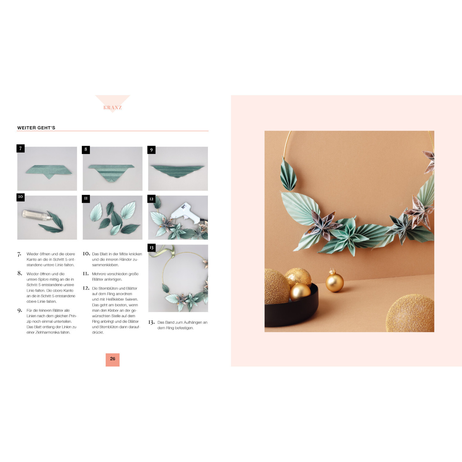 Modulare Origami: Weihnachtszauber zeigt eine Anleitung für eine festliche Papiergirlande in Blaugrün mit goldenen Akzenten.
