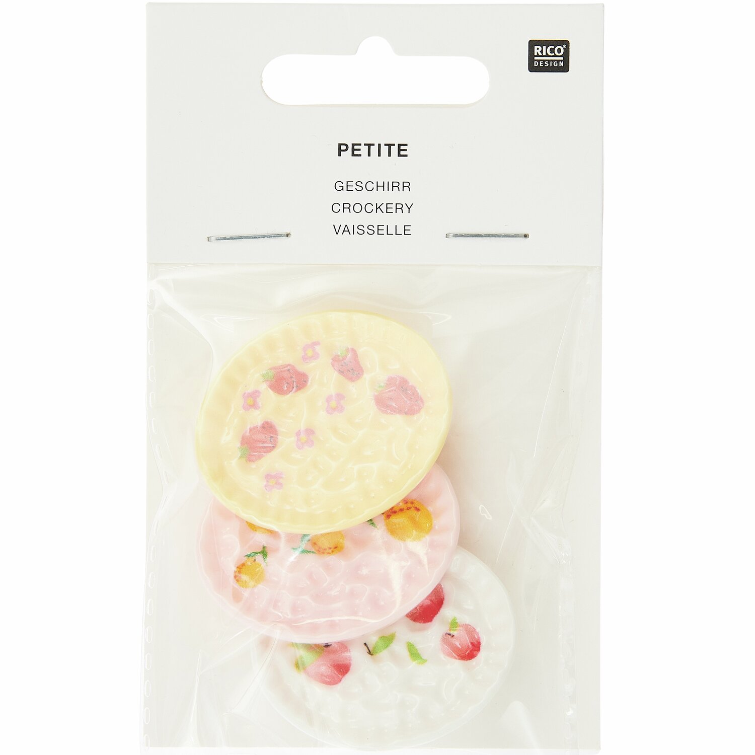 Miniatur Geschirr bemalt: Drei bunte, bemalte Miniaturteller von Rico Design in einer Verpackung.
