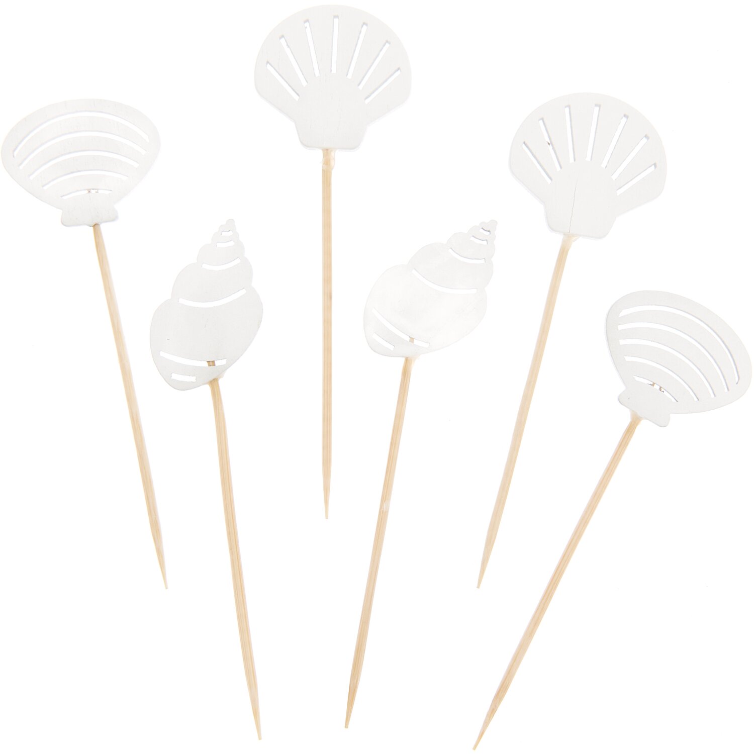 Deko-Picker Muschel Mix weiß 7,2-8cm 6 Stück: Sechs weiße Muschel-Picker aus Holz, ideal für maritime Dekorationen.
