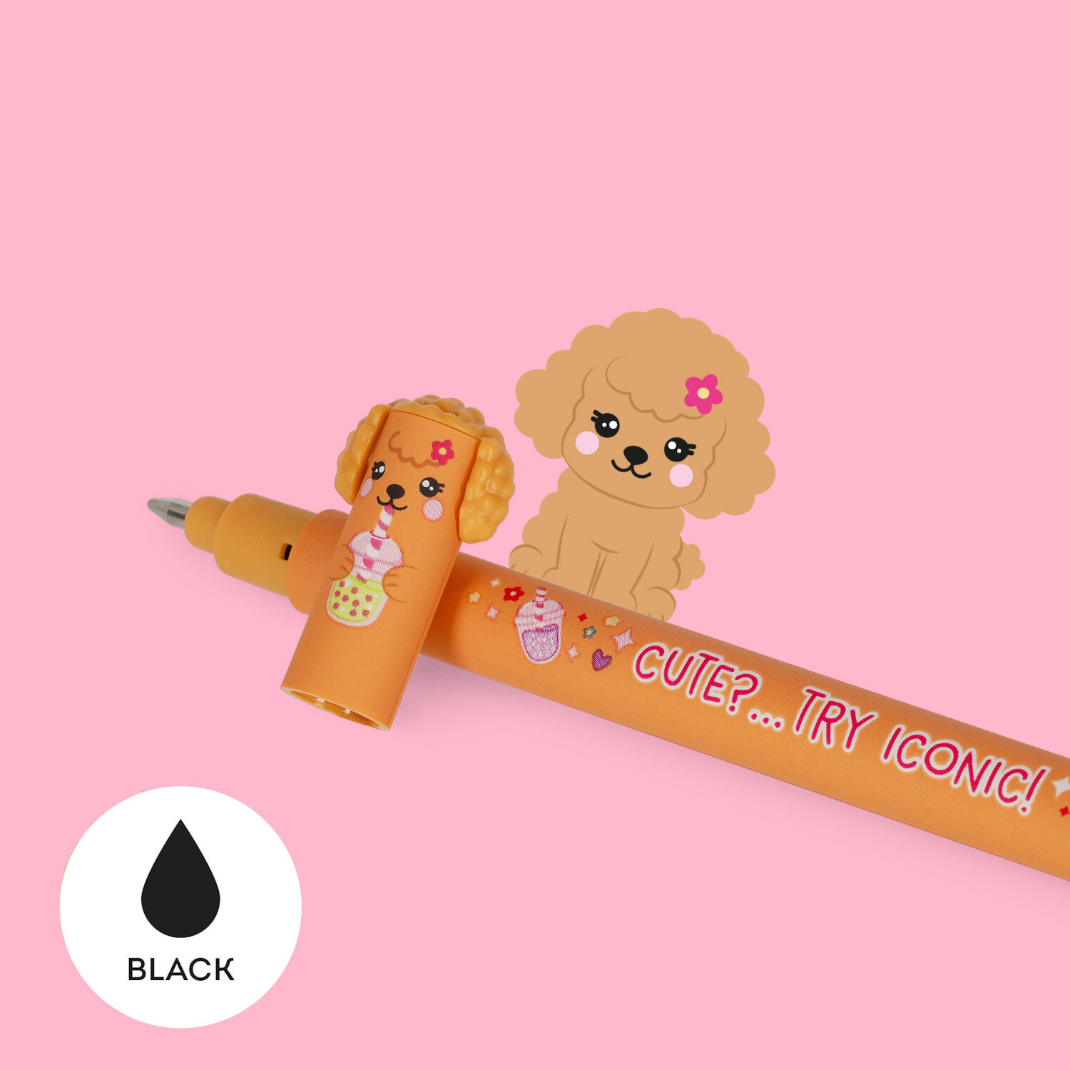 Erasable Gel Pen Set 3 Stück Fur-ever Friends BTS 26 zeigt einen orangen Legami-Radiergelstift mit Hundemotiv und schwarzer Gelmine vor rosa Hintergrund.