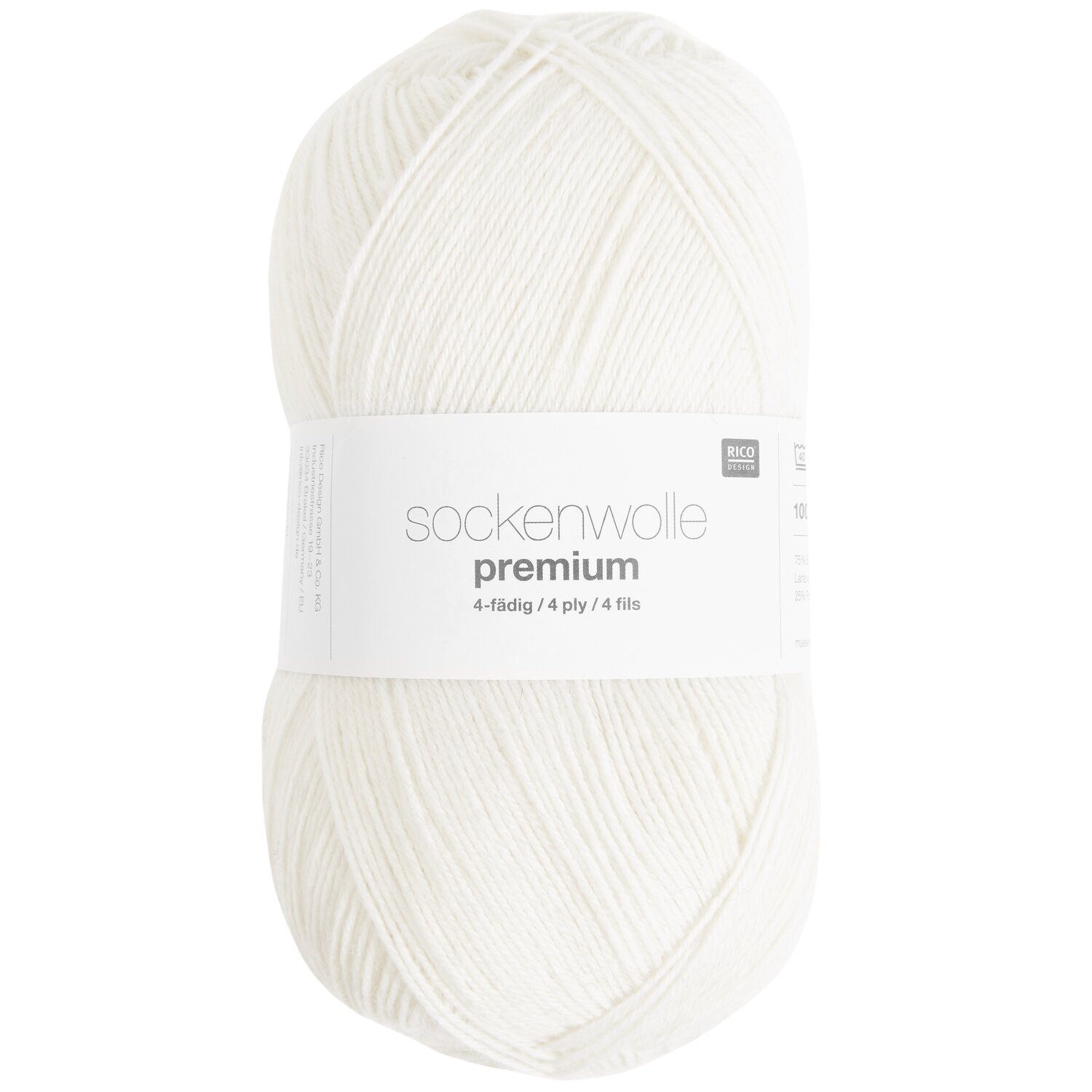 Sockenwolle Premium 4-fädig, 100g 380m, in Weiß von Rico Design. Ideal für Strickprojekte.