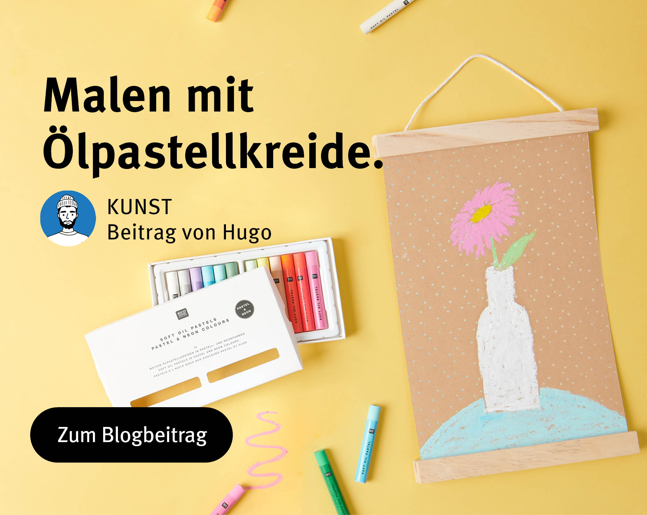 Verpackung Ölpastellkreide sowie fertig gemaltes Bild mit einer Blume