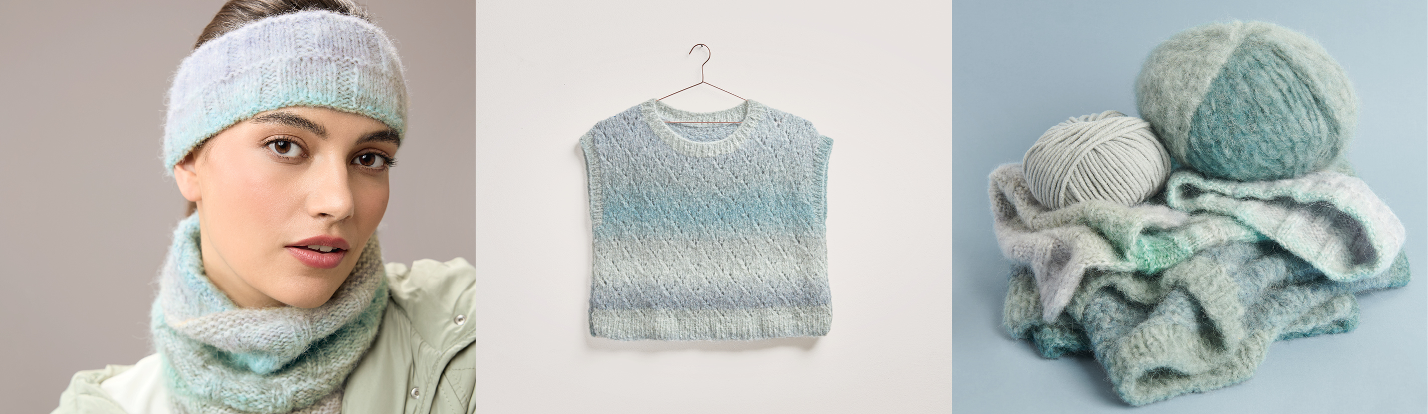 Drei Bilder nebeneinander. Eine Frau trägt ein gestricktes Stirnband mit Schal, ein gestrickter Pullunder auf einem Kleiderbügel und gestrickte Artikel mit Wollknäuel.