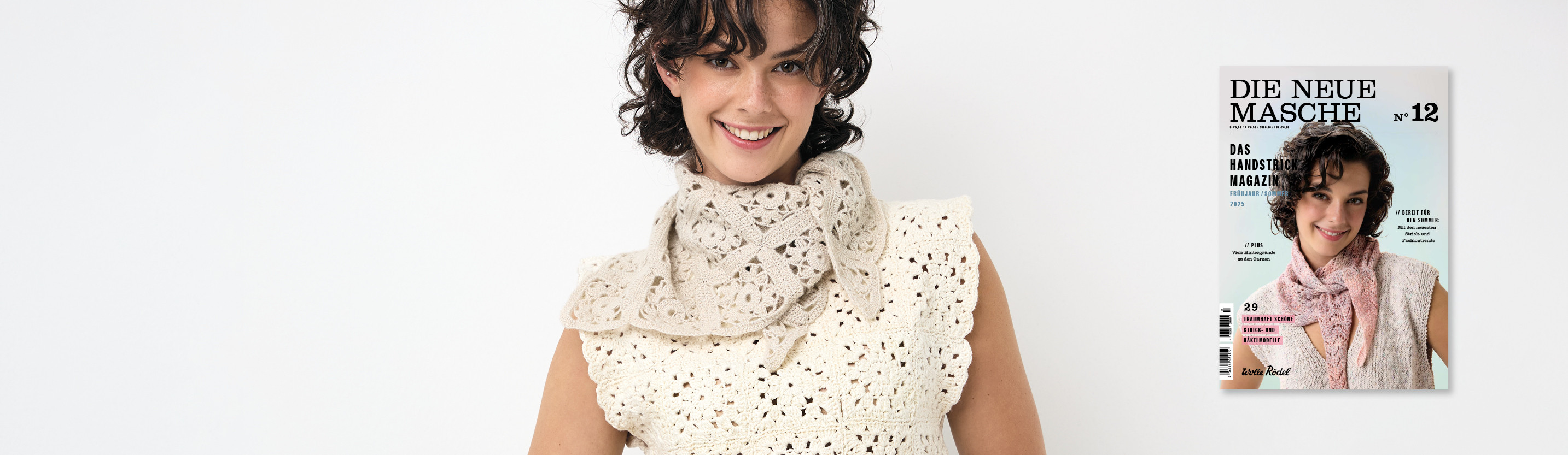 Eine Frau trägt einen gestrickten Pullunder und ein gestricktes Halstuch, daneben Die Neue Masche Nr.12.