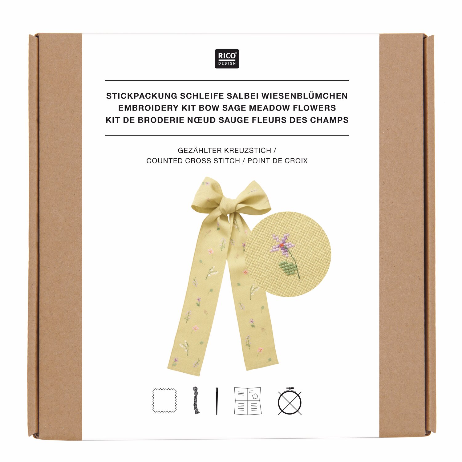 Stickpackung Gezählter Kreuzstich Schleife Wiesenblumen 30x54cm Farbe Salbei von Rico Design