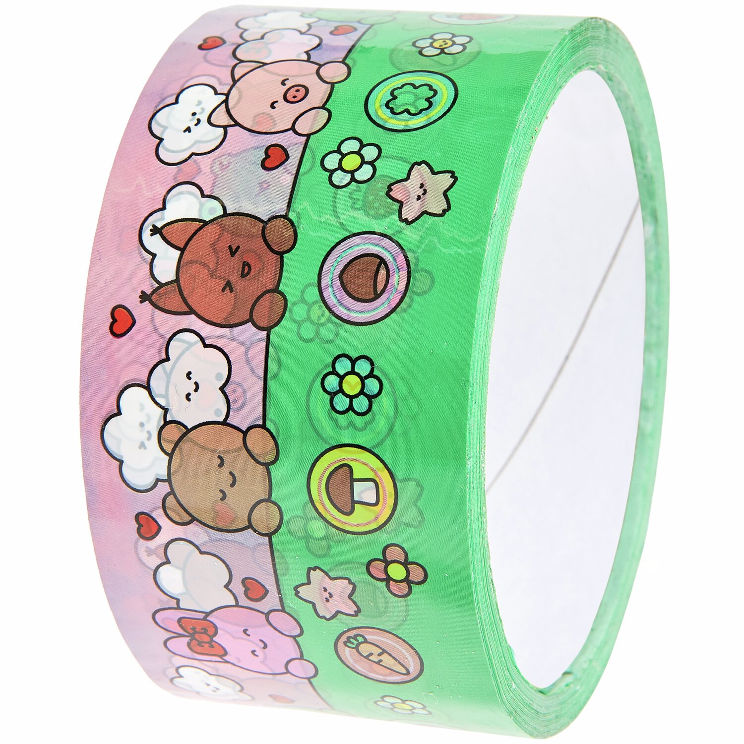 Paper Poetry Paketklebeband Chingu mit buntem Tiermotiv auf grünem und rosa Hintergrund, 5cmx32m. Ideal für kreative Verpackungen.