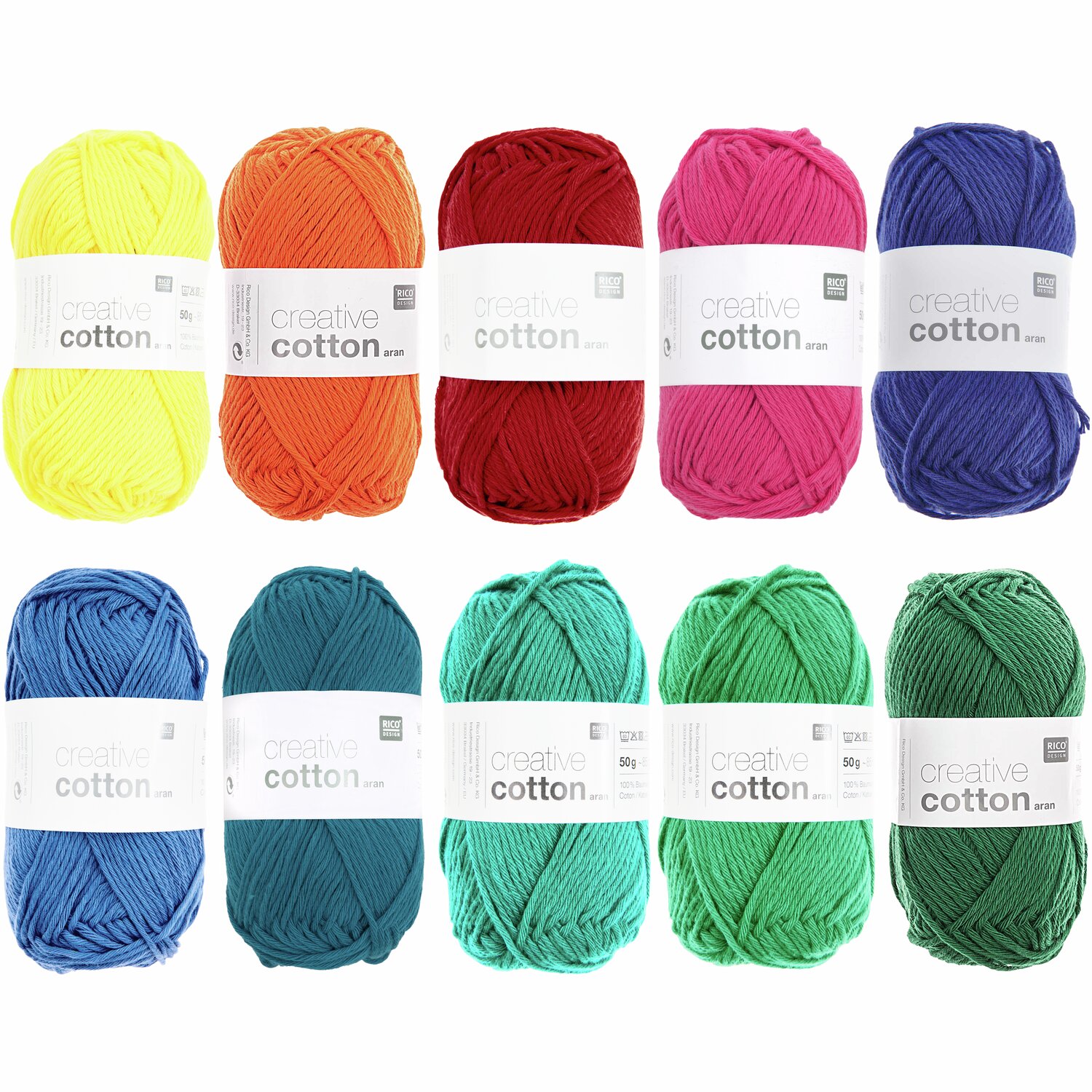 Wollpaket Creative Cotton aran Multi Colours, 10x50g, von Rico Design in leuchtenden Farben.