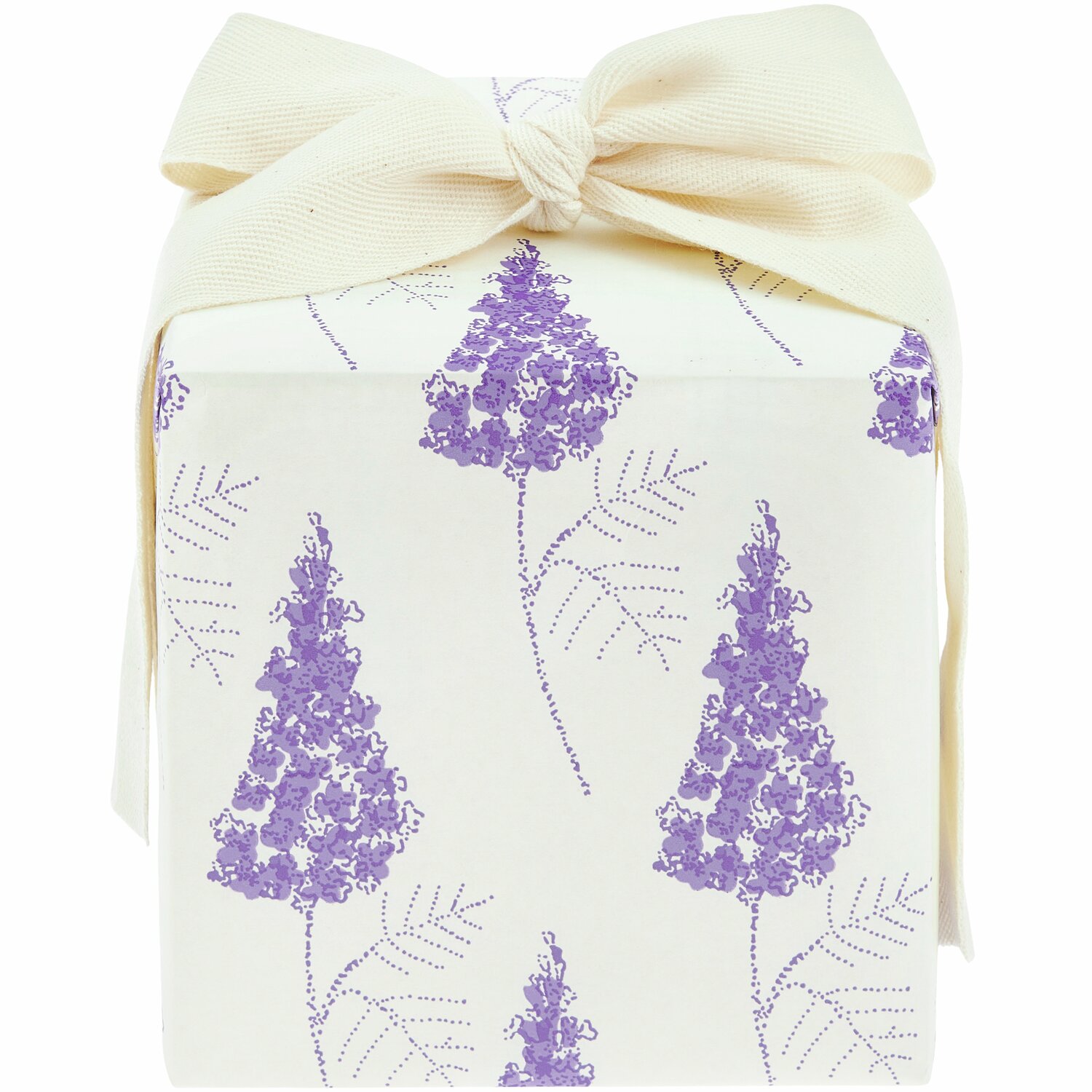 Paper Poetry Geschenkpapier Mix Frühlingsblumen mit fliederfarbenem Blumenmuster, dekoriert mit cremefarbener Schleife.