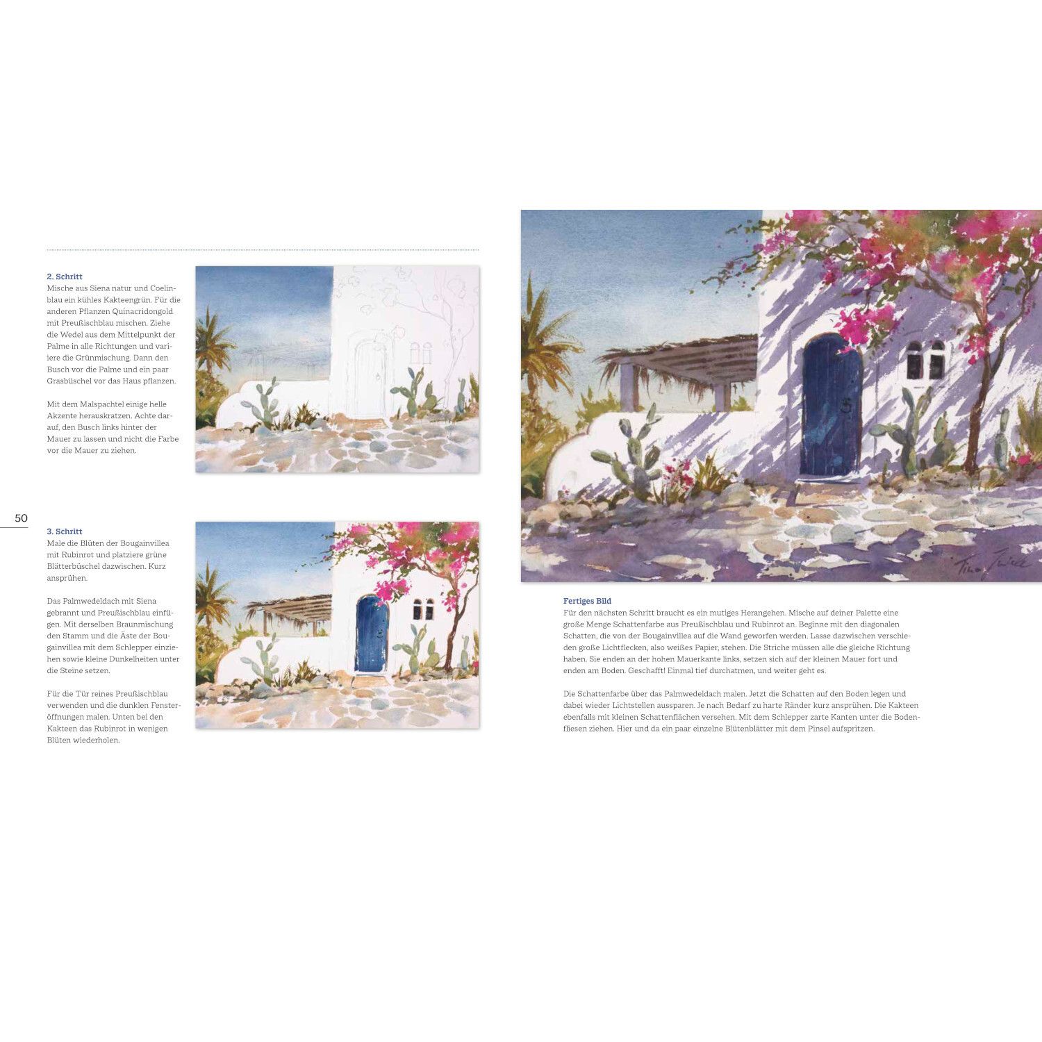 Aquarellmalerei Licht & Schatten: Seite mit mediterranem Haus, blauer Tür, rosa Blumen. Christophorus Verlag.