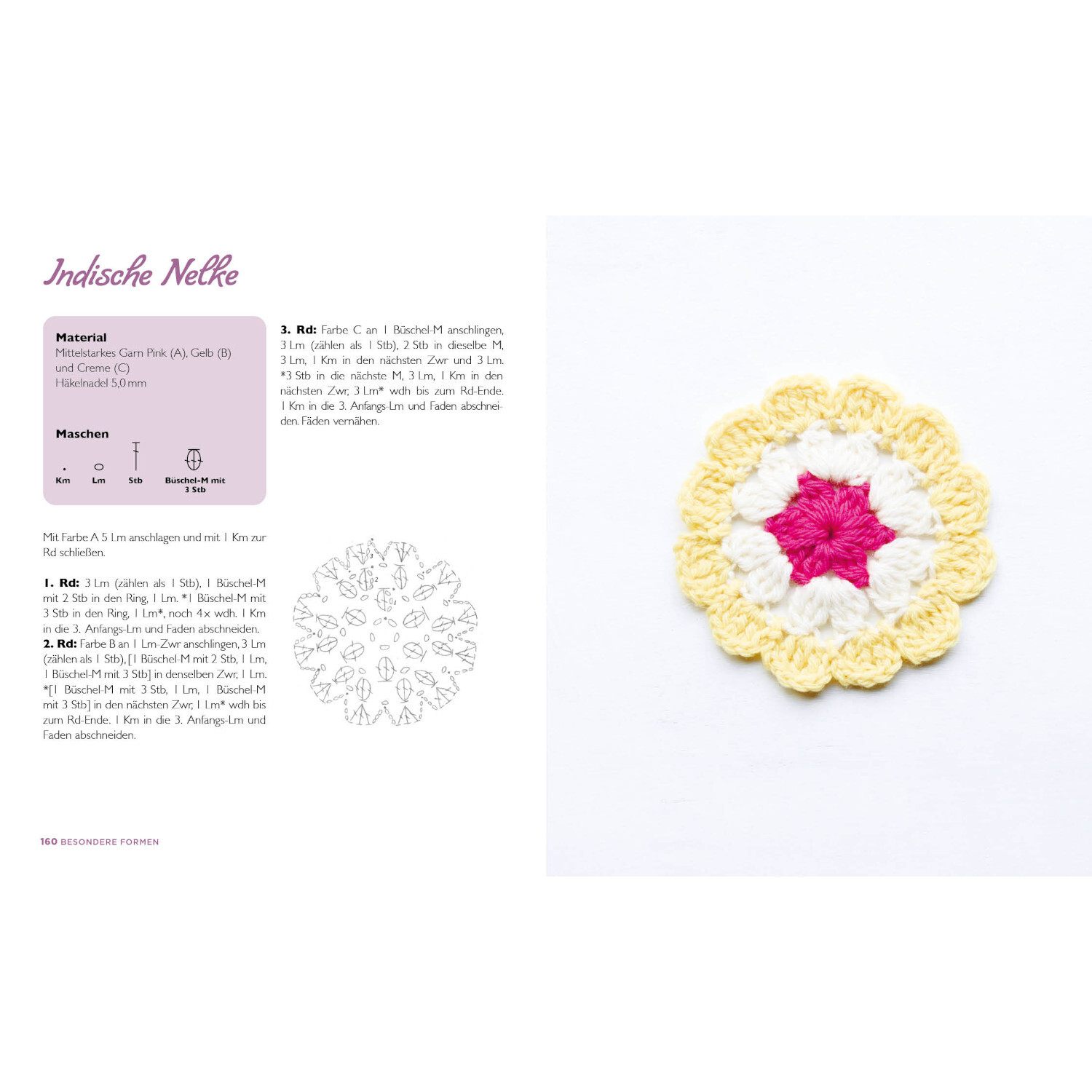 Musterbibel Granny Squares - Blumenzauber: Anleitung für indische Nelke in Gelb, Weiß und Pink.