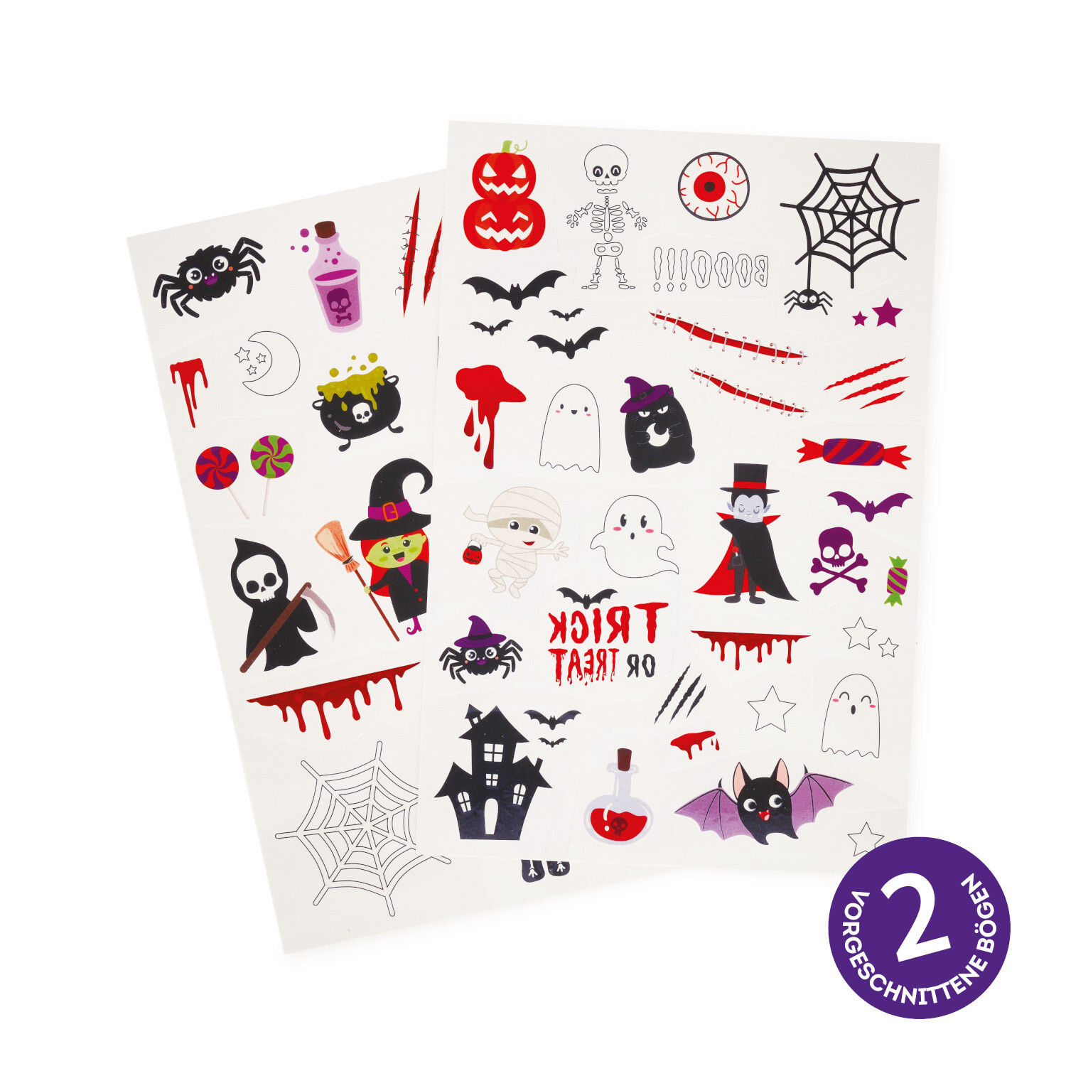 Tattoos Halloween Edition: Zwei Bögen mit gruseligen Motiven wie Geistern, Spinnen und Kürbissen. Perfekt für Halloween-Partys und Dekorationen.