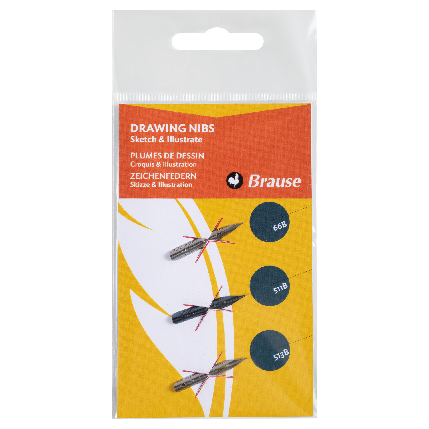 Zeichenfedern Set Skizze und Illustration von Brause, ideal für präzises Zeichnen. Enthält drei Federn in einer transparenten Verpackung mit orangefarbenem Etikett.