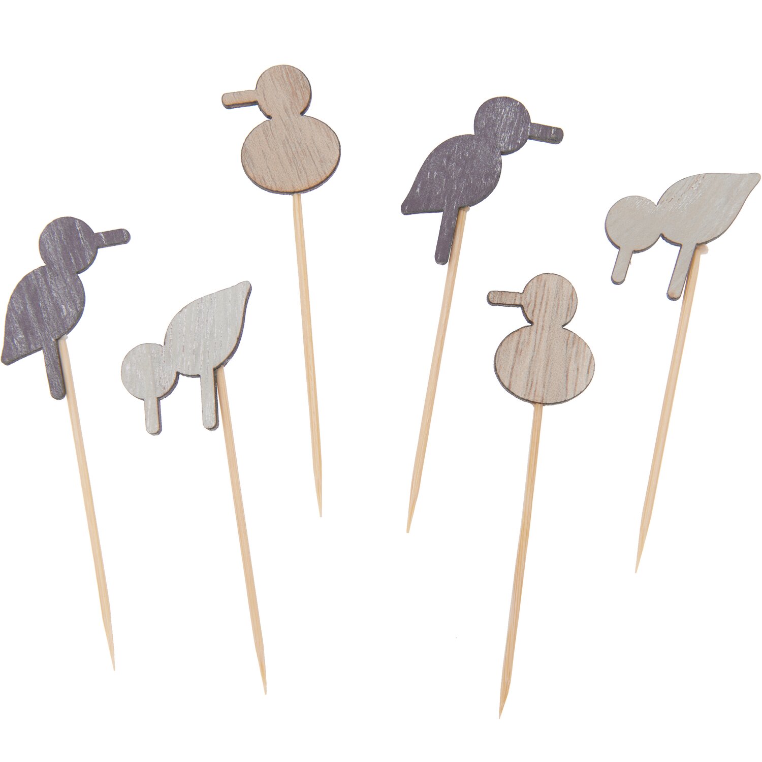 Deko-Picker Möwe Mix natur, 6 Stück, 6,6-7,3cm. Holzmöwen auf Stäbchen, ideal für Dekorationen.