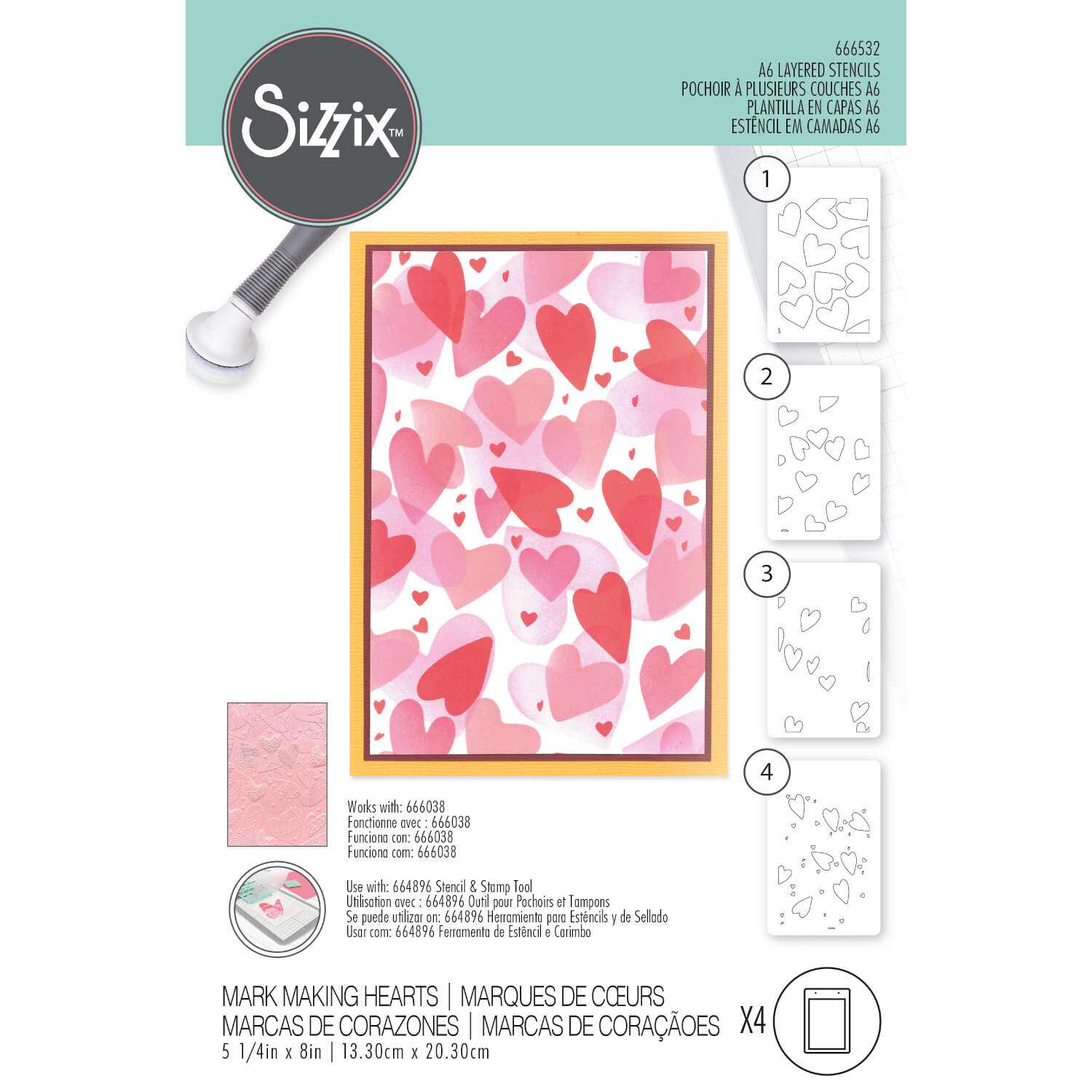 Layered Stencils Mark Making Hearts 4 Stück, Sizzix, A6, rosa und rote Herzschablonen für kreative Bastelprojekte.
