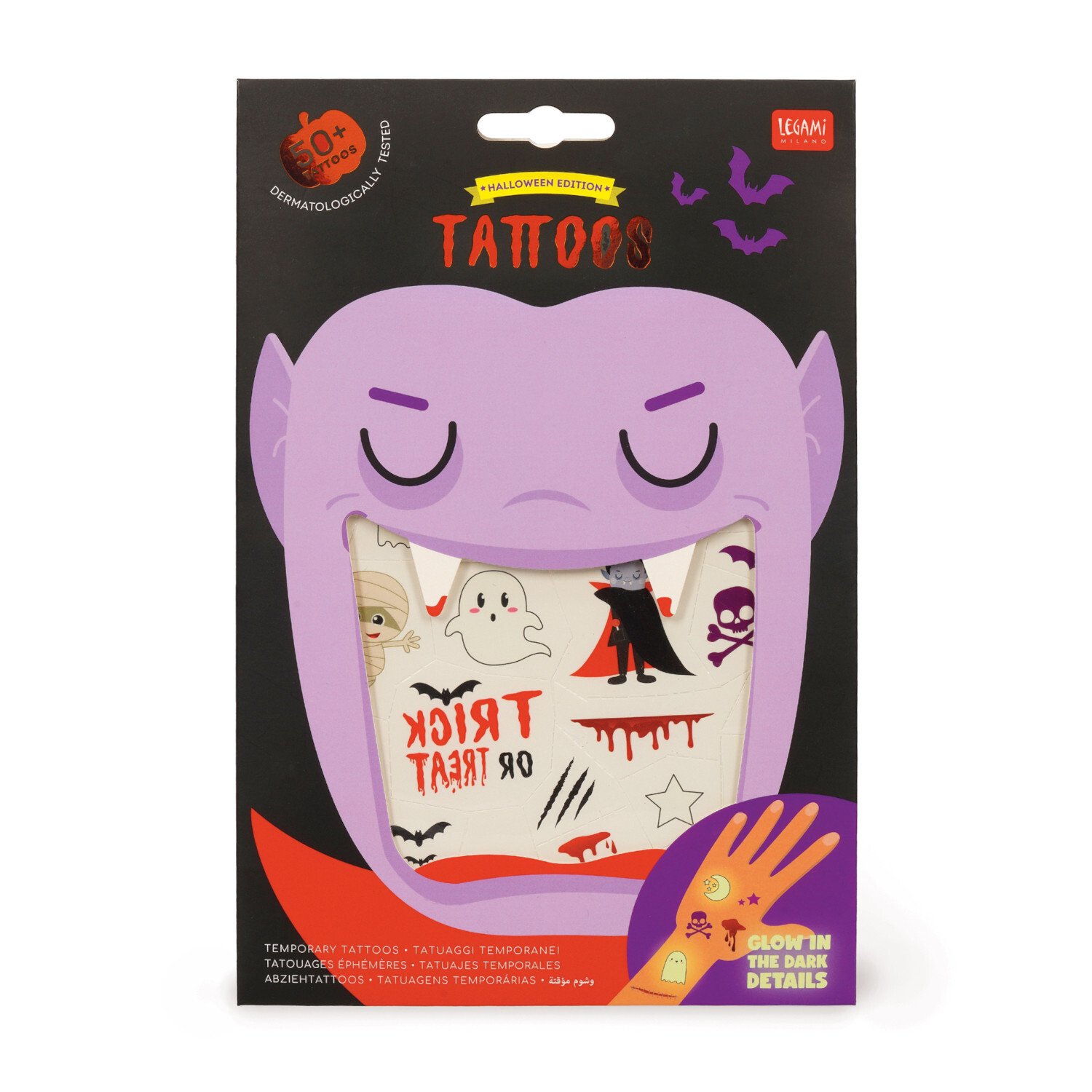 Tattoos Halloween Edition: Temporäre Tattoos mit gruseligen Motiven, ideal für Halloween-Partys.