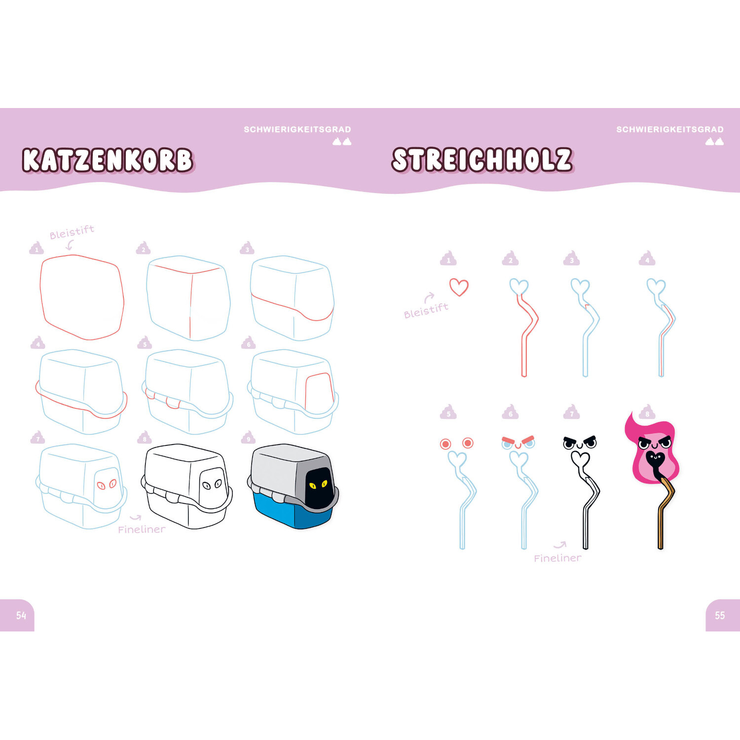 Die Kawaii-Zeichenschule – Trashy but Cute: Schritt-für-Schritt-Anleitung für Katzenkorb und Streichholz in Pastellfarben.