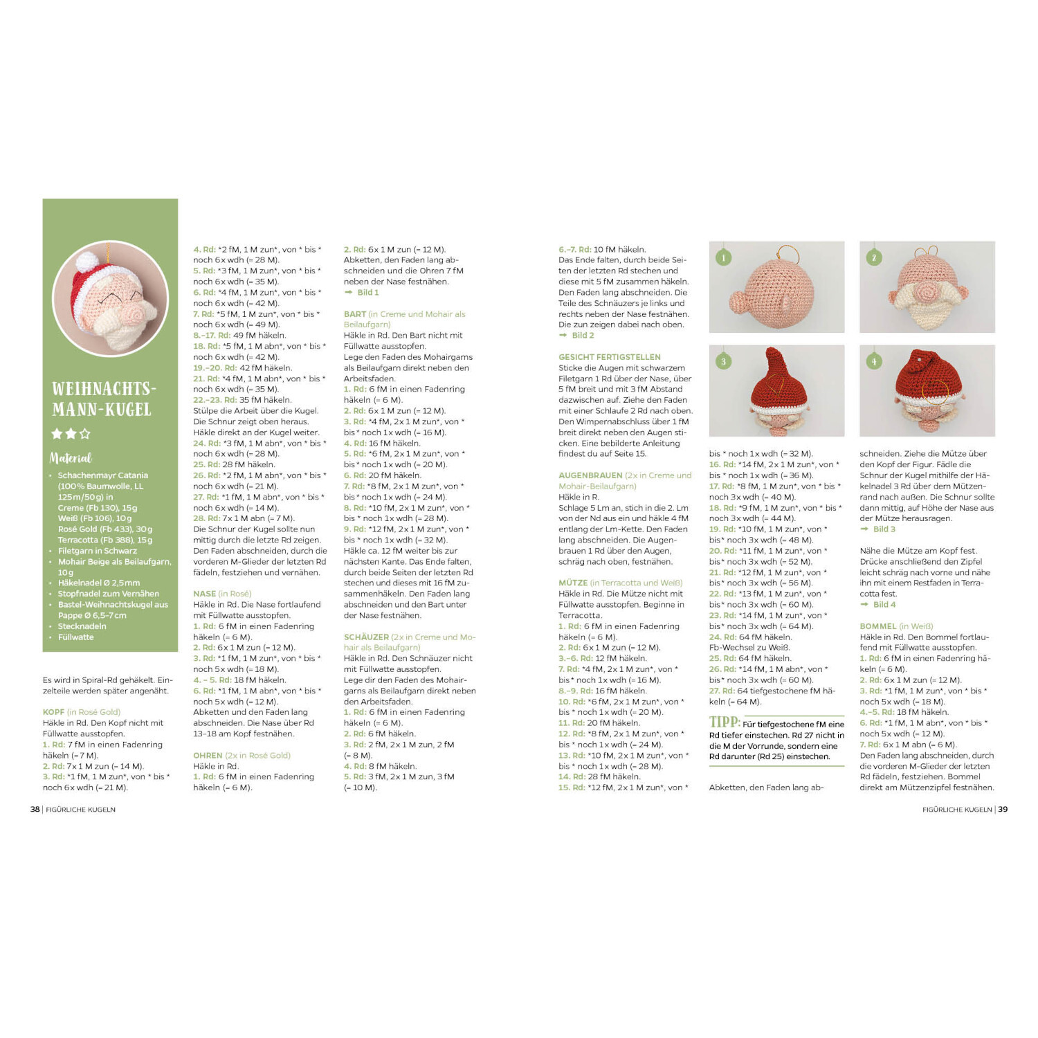 Weihnachtskugeln häkeln: Anleitung mit Bildern und Texten auf weißem Hintergrund, EMF Verlag.