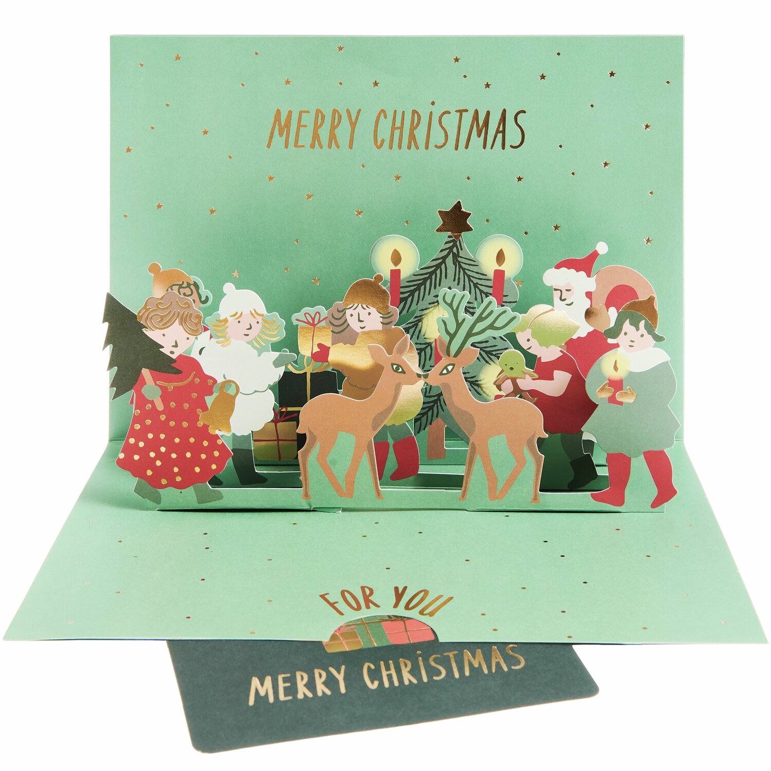 Pop-Up Karte Weihnachtsmann für Geldgeschenke A5 von Rico Design Pop-Up Karte Weihnachtsmann für Geldgeschenke: Festliche Szene mit Rentieren und Weihnachtsbaum auf mintgrünem Hintergrund.