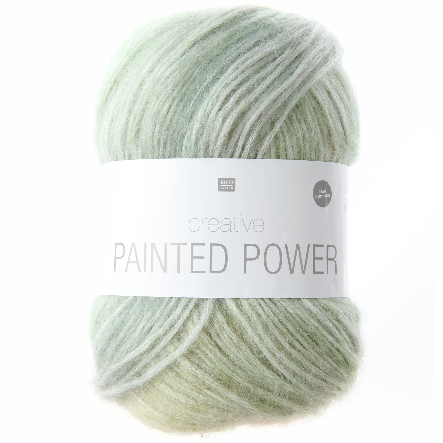 Creative Painted Power: Weiches Garn in sanften Grüntönen, ideal für Strickprojekte. Marke: Rico Design.