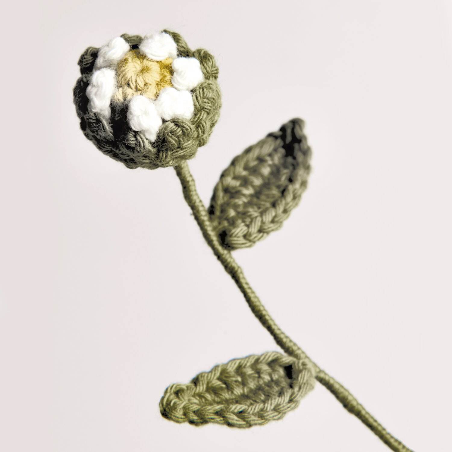 Ricorumi In the Meadow gehäkelte Blume mit cremefarbener Blüte und olivgrünem Stiel, detailreiche Blätterstruktur, ideal für dekorative DIY-Projekte