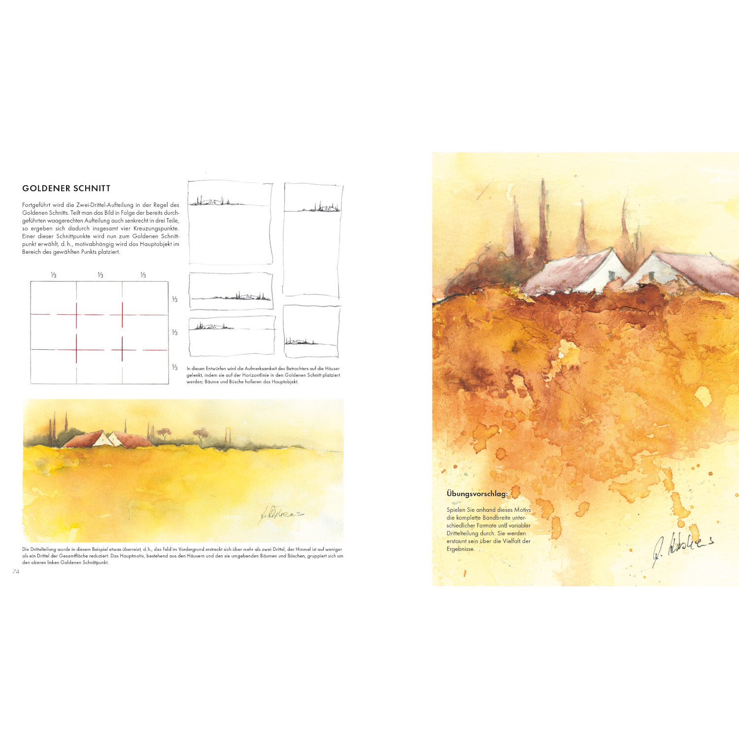 Das Acryl-Praxisbuch zeigt eine Landschaft in warmen Gelbtönen mit weißen Häusern im Hintergrund.