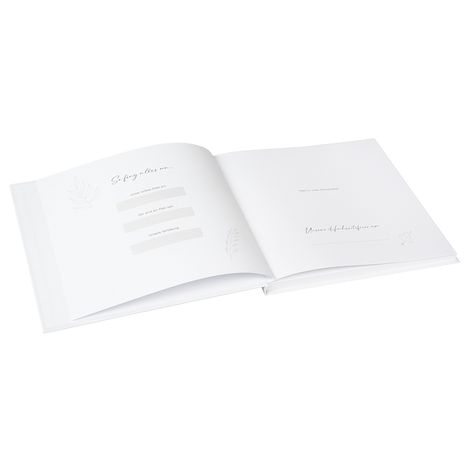 Gästebuch Blütenliebe Weiß 100 illustrierte Seiten von Goldbuch Georg Brückner Gästebuch Blütenliebe Weiß mit 100 illustrierten Seiten, offen präsentiert, ideal für Hochzeiten.