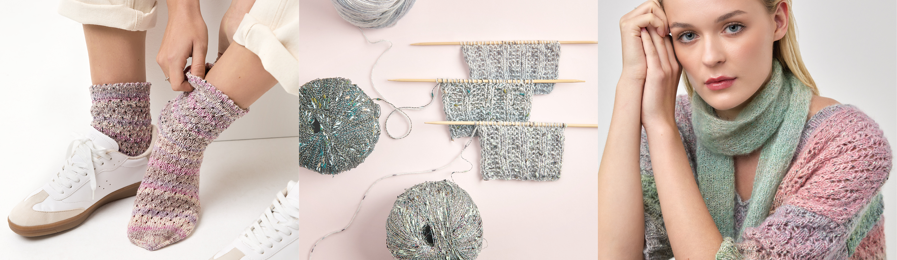 Drei Bilder aneinandergereiht. Füße mit bunten gestrickten Socken, garn mit drei Strickstücken und Nadeln und eine Frau mit gestricktem Pullover und Halstuch.