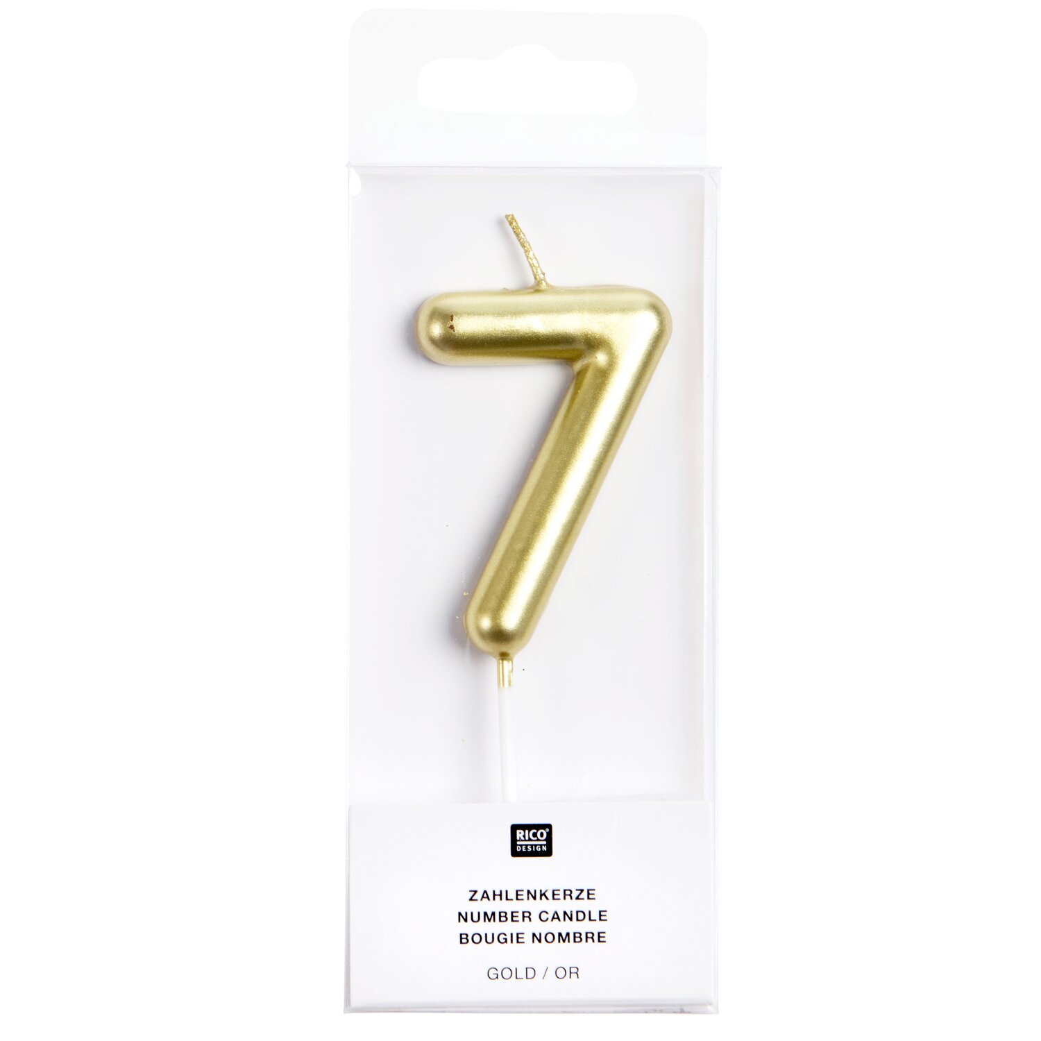 Zahlenkerze Gold von Rico Design als glänzende Zahl 7, dekorative Partikerze in Blisterverpackung für Geburtstage und Jubiläen