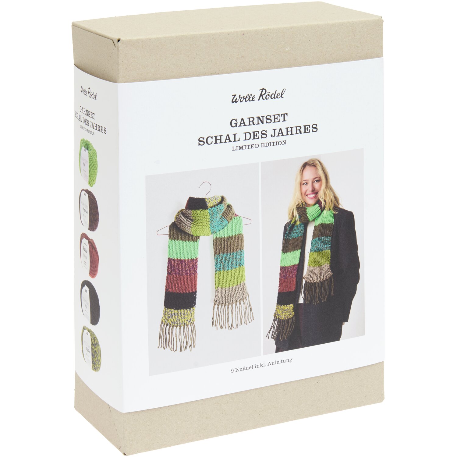 Garnset „Schal des Jahres“ Farbe Grün von idee. Creativmarkt Garnset „Schal des Jahres“ von Wolle Rödel in grün. Verpackung zeigt gestrickten Schal.
