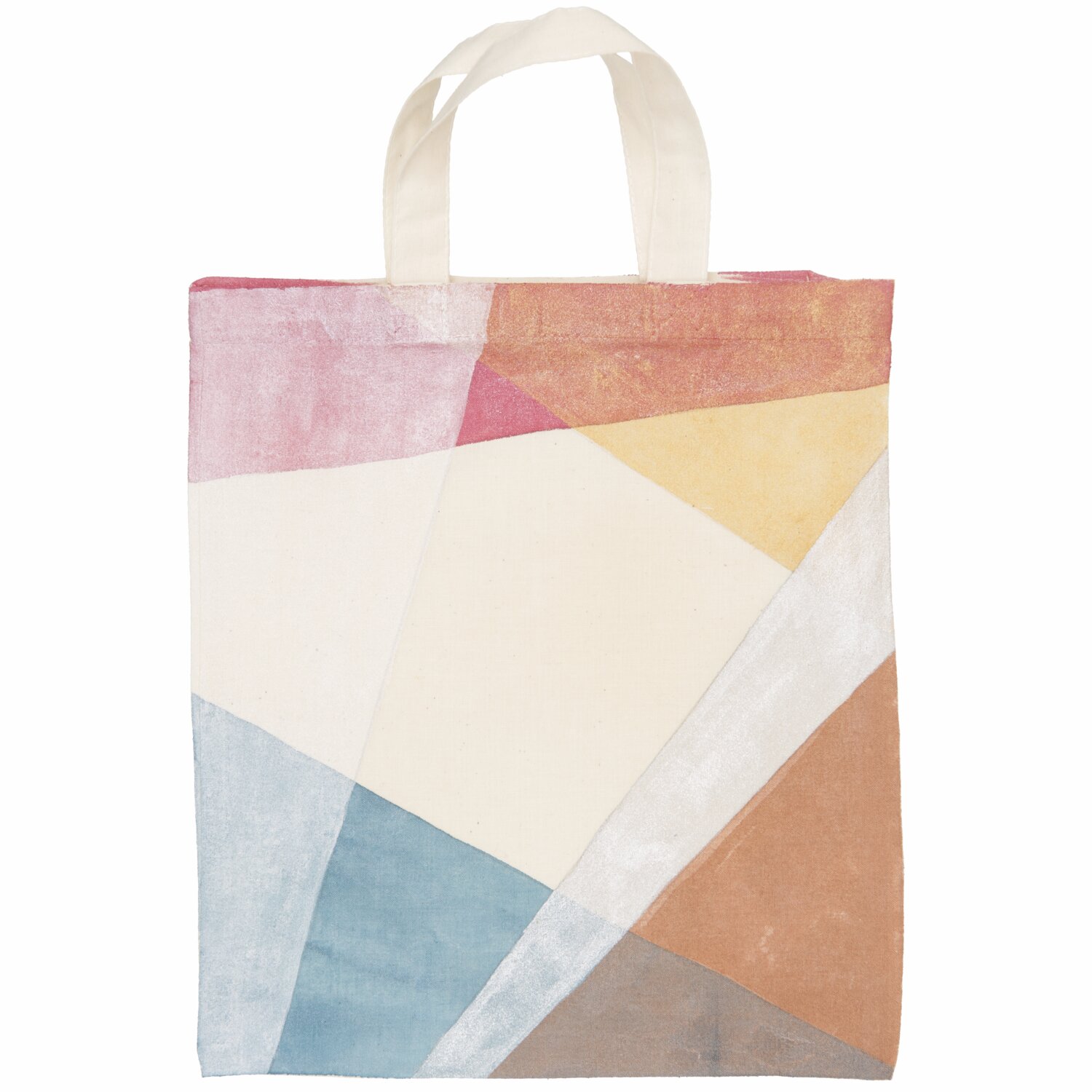 Textilfarben metallic 6x40ml: Bunte Stofftasche mit geometrischen Formen in Rosa, Gelb, Blau und Braun.